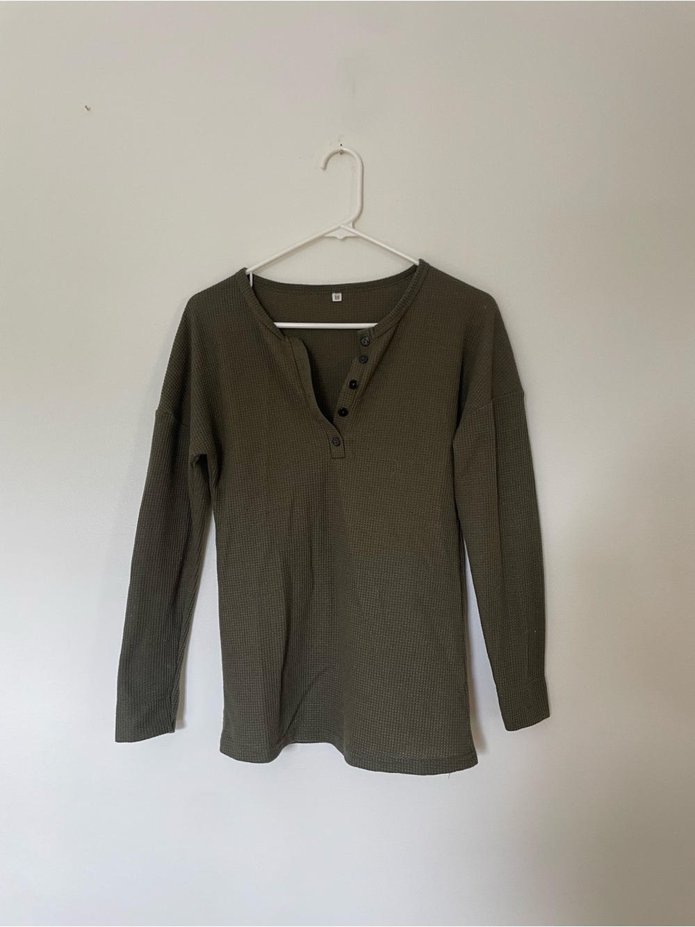 Olive Green Waffle Knit Henley Long Sleeve Top